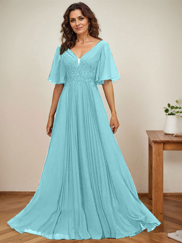 Vestido de corte A, escote en V, largo hasta el suelo, de gasa, para la madre de la novia, con apliques de lentejuelas y encaje plisado. 