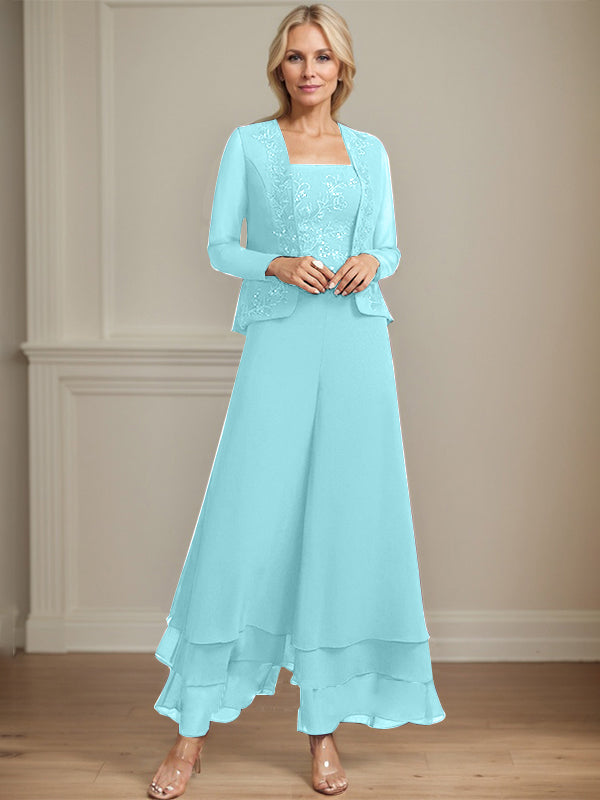 Conjunto de pantalón y chaqueta de dos piezas, corte cuadrado, largo hasta el tobillo, encaje, gasa, vestido de madre de la novia con lentejuelas 