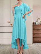 Vestido de corte A, escote en V, asimétrico, de gasa, para la madre de la novia, con lentejuelas y pedrería.