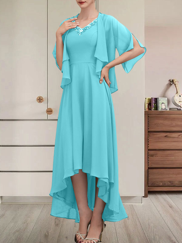 Vestido de corte A, escote en V, asimétrico, de gasa, para la madre de la novia, con lentejuelas y pedrería.