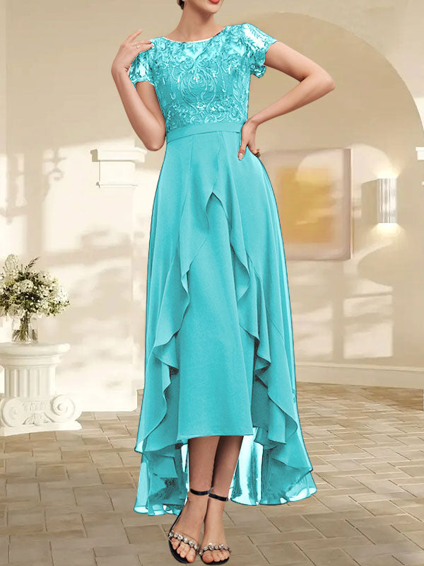 Vestido de novia asimétrico de gasa con encaje, corte en A, escote ilusión, detalle de lazo, volantes y lentejuelas para la madre de la novia 