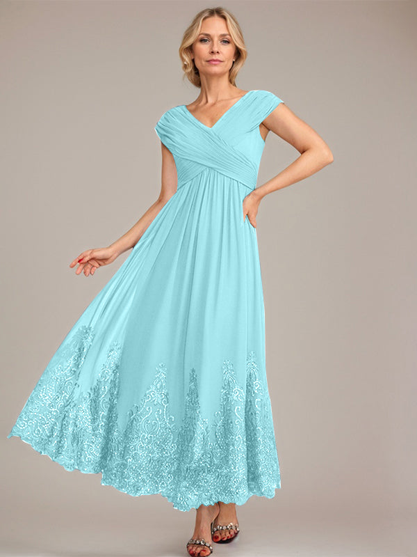 Vestido de gasa de corte evasé, escote en V, largo hasta el tobillo, para la madre de la novia, con apliques de lentejuelas. 