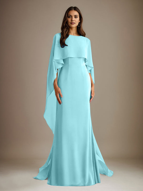 Vestido de gasa de corte recto/columna, escote barco y largo hasta el suelo, para la madre de la novia, con volantes en cascada. 