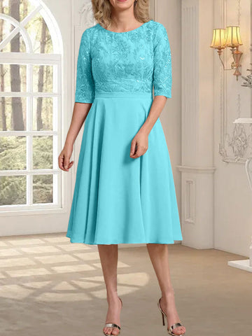 A-line Scoop Knee-Length Lace Chiffon Mother of the Bride Dress
