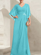 Vestido de corte recto/columna, escote en V, largo hasta el suelo, de gasa, para la madre de la novia, con lentejuelas plisadas y pedrería.