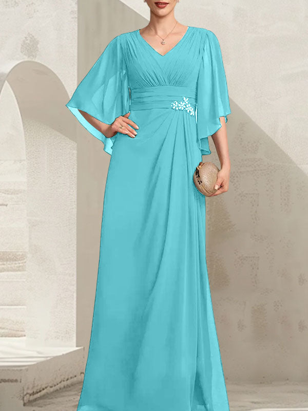 Vestido de corte recto/columna, escote en V, largo hasta el suelo, de gasa, para la madre de la novia, con lentejuelas plisadas y pedrería.