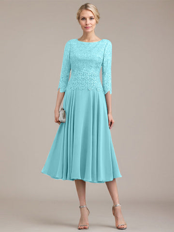 A-line Scoop Tea-Length Lace Chiffon Mother of the Bride Dress