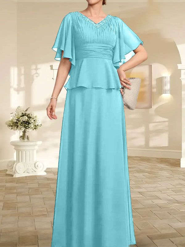 Vestido de gasa de corte A, escote en V, largo hasta el suelo, para la madre de la novia, con plisados ​​y cuentas.