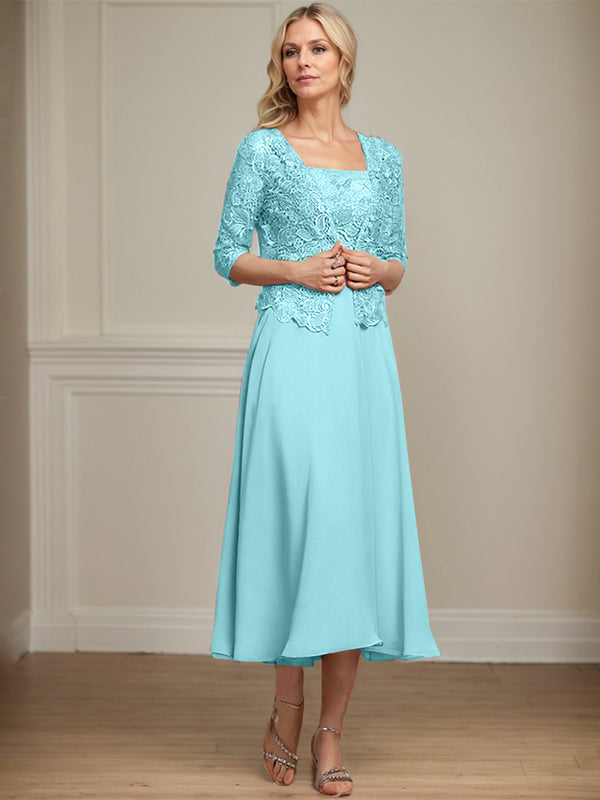 Vestido de corte A, largo midi, de gasa, encaje y lentejuelas para la madre de la novia. 