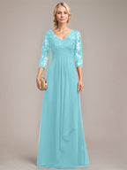 Vestido de novia de corte línea A, escote en V, largo hasta el suelo, de gasa de encaje con volantes en cascada y lentejuelas. 