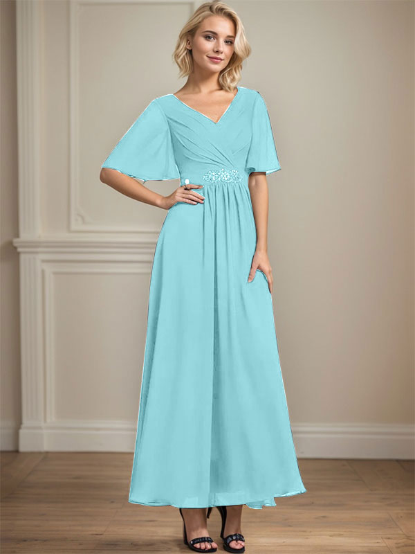 Vestido de gasa de corte A, escote en V, largo hasta el tobillo, para la madre de la novia, con lentejuelas y cuentas plisadas.