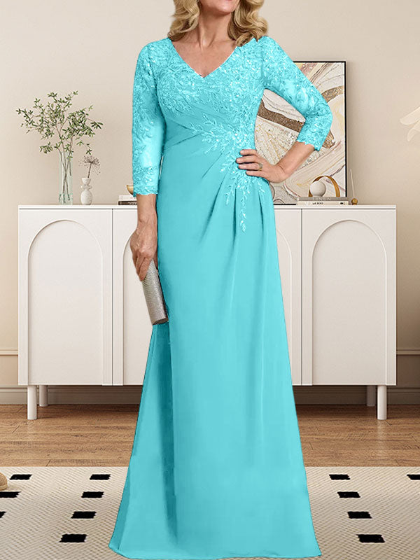 Vestido de novia de corte recto/columna, escote en V ilusión, largo hasta el suelo, de gasa de encaje con lentejuelas plisadas. 