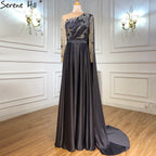 On Sale no return no refund Sale Arabic One Shoulder Olive Green Muslim Evening Dress with Cape Long Sleeves Women Wedding Party Gowns Elegant Plus Size LA70985