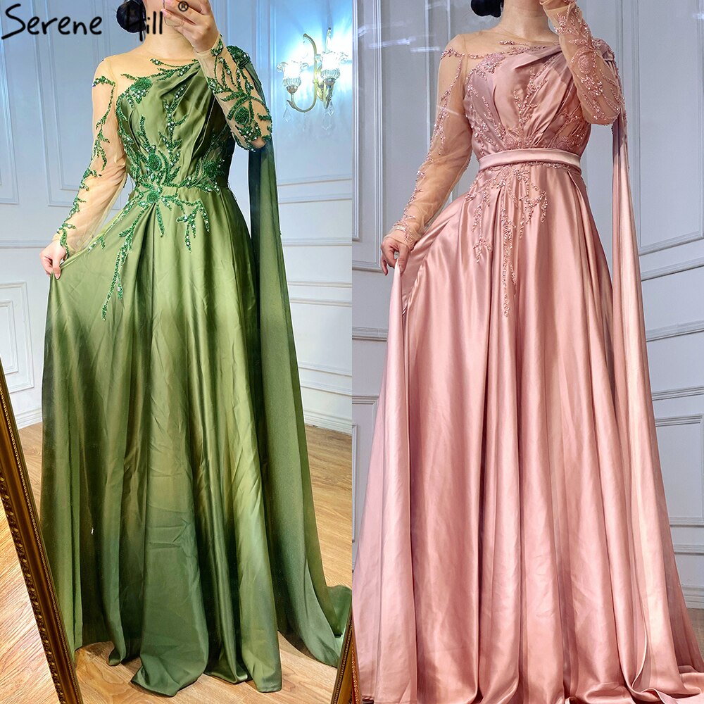 On Sale no return no refund Sale Arabic One Shoulder Olive Green Muslim Evening Dress with Cape Long Sleeves Women Wedding Party Gowns Elegant Plus Size LA70985