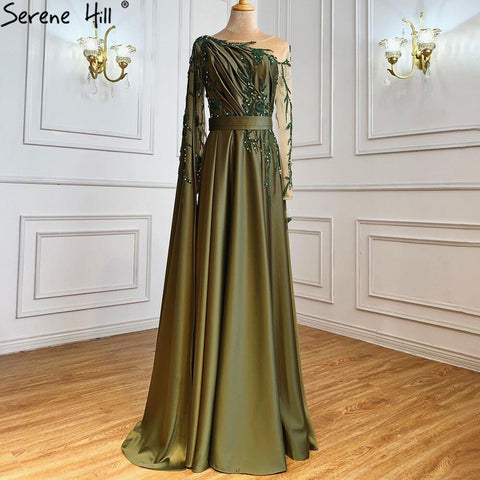 En oferta, sin devoluciones ni reembolsos. Vestido de noche musulmán árabe verde oliva de un solo hombro con capa y mangas largas para mujer, ideal para bodas y fiestas. Elegante tallas grandes. LA70985 