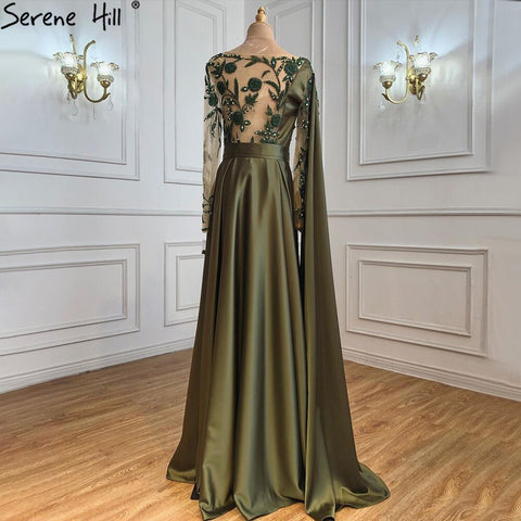En oferta, sin devoluciones ni reembolsos. Vestido de noche musulmán árabe verde oliva de un solo hombro con capa y mangas largas para mujer, ideal para bodas y fiestas. Elegante tallas grandes. LA70985 