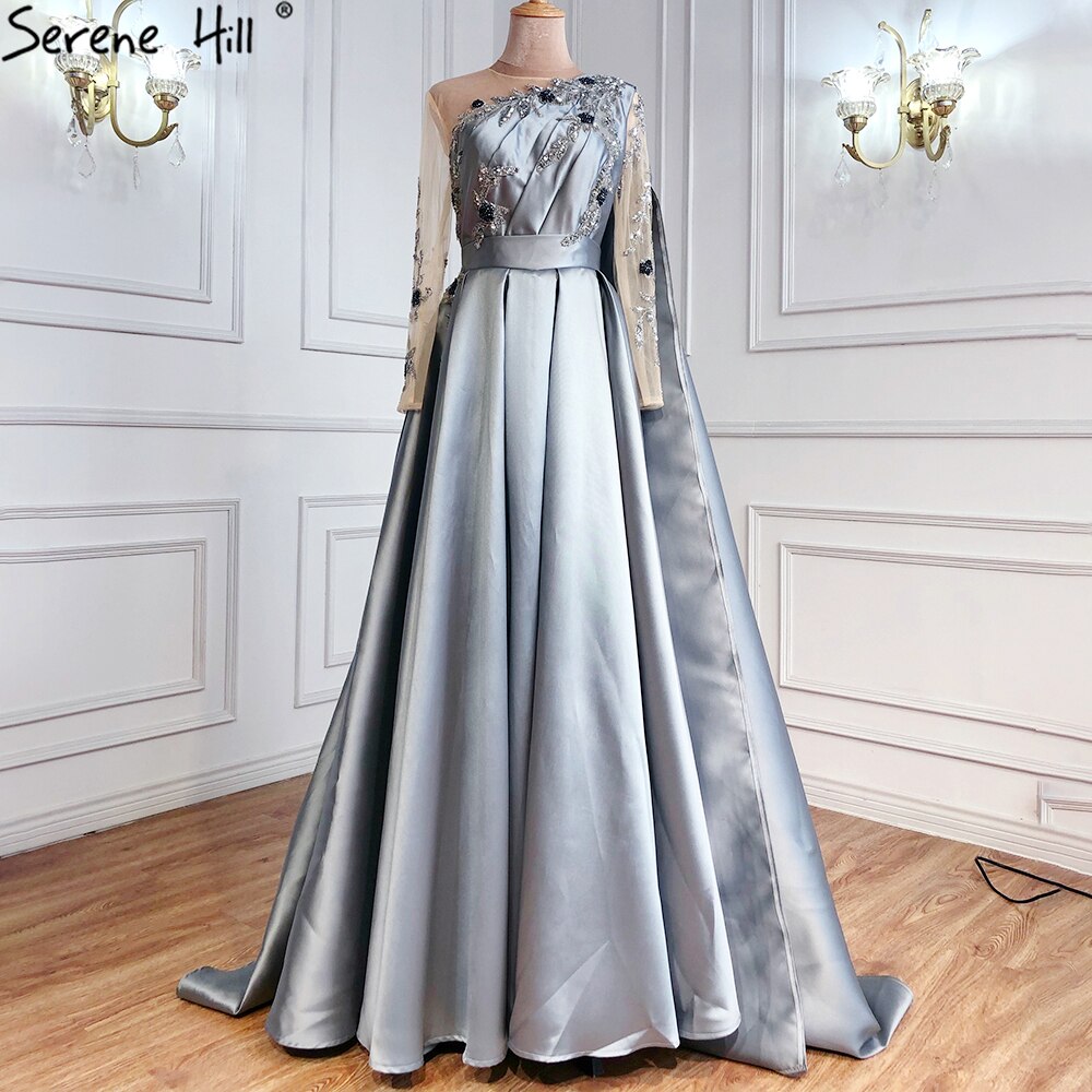 On Sale no return no refund Sale Arabic One Shoulder Olive Green Muslim Evening Dress with Cape Long Sleeves Women Wedding Party Gowns Elegant Plus Size LA70985