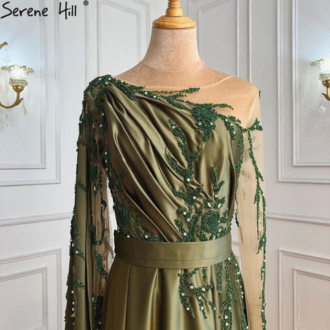 En oferta, sin devoluciones ni reembolsos. Vestido de noche musulmán árabe verde oliva de un solo hombro con capa y mangas largas para mujer, ideal para bodas y fiestas. Elegante tallas grandes. LA70985 