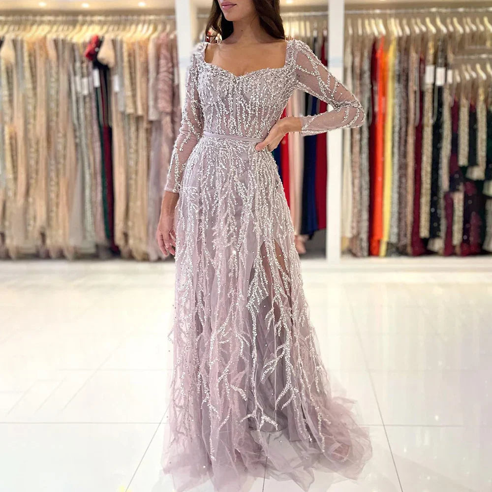 Vestidos de noche largos de lujo de Dubái, color rosa árabe, con abertura alta y cuentas, para mujer, ideales para bodas y fiestas (2025) LA71917