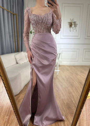 Robe de soirée longue de luxe rose style arabe, fendue, avec perles, pour femme, tenue de mariage, modèle Dubaï, 2025, LA71917