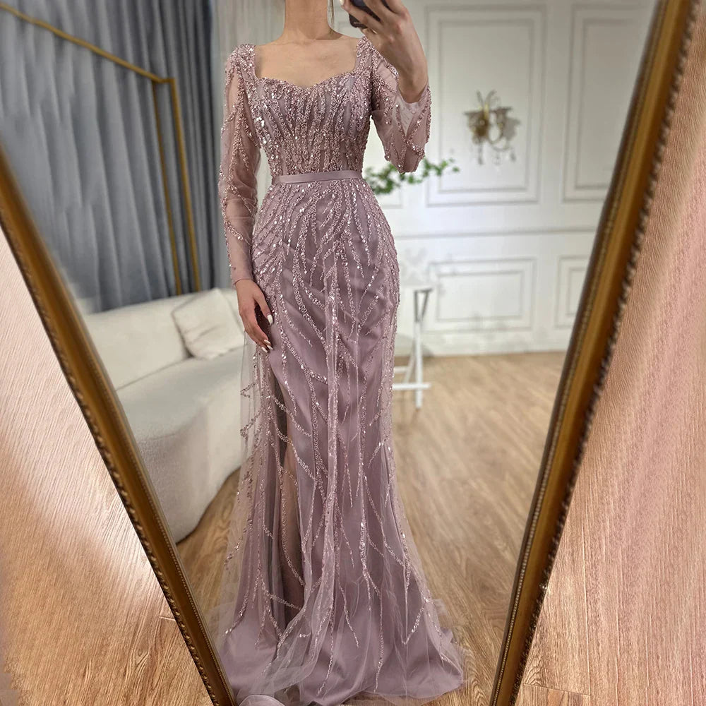 Vestidos de noche largos de lujo de Dubái, color rosa árabe, con abertura alta y cuentas, para mujer, ideales para bodas y fiestas (2025) LA71917