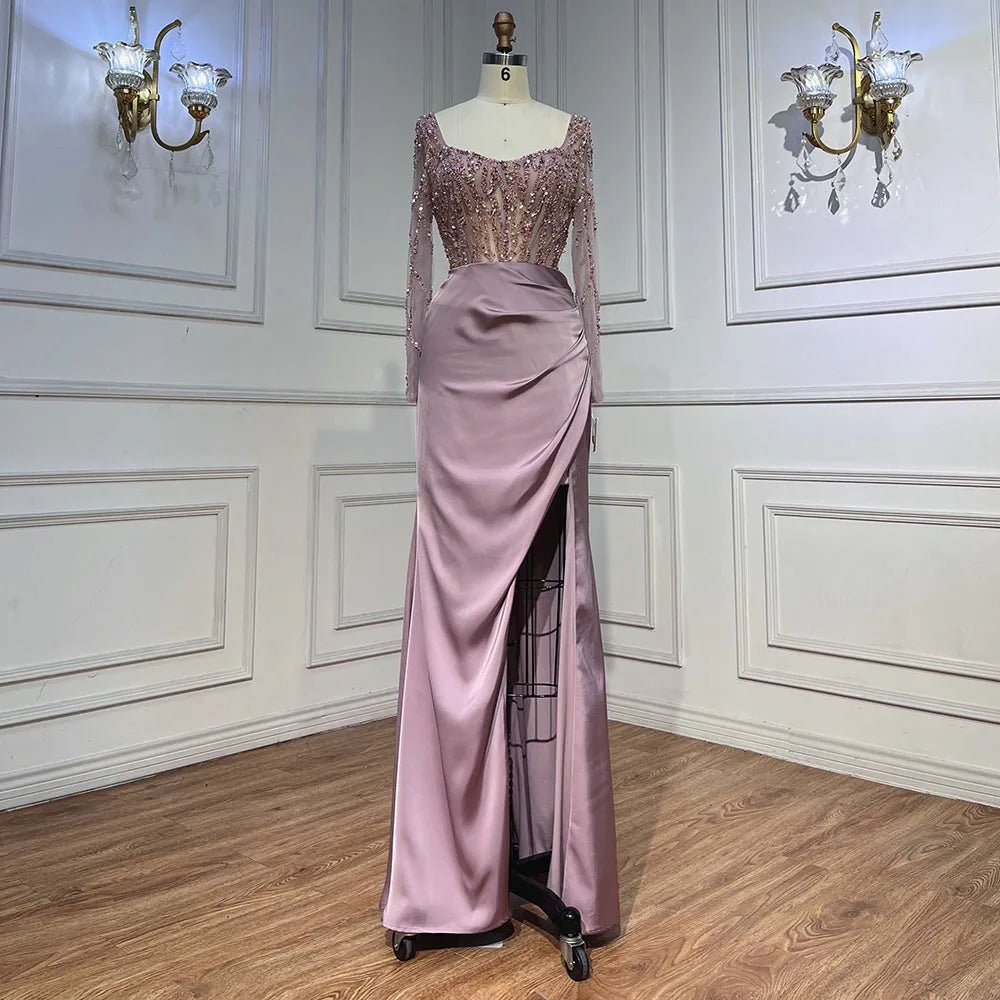 Vestidos de noche largos de lujo de Dubái, color rosa árabe, con abertura alta y cuentas, para mujer, ideales para bodas y fiestas (2025) LA71917