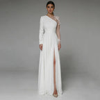 Asymmetrical Side Slit Wedding Dress Long Sleeve Civil Bridal Gown Party For Bride Button Applique Floor Length Свадебное платье