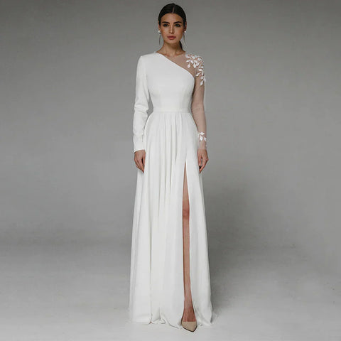 Asymmetrical Side Slit Wedding Dress Long Sleeve Civil Bridal Gown Party For Bride Button Applique Floor Length Свадебное платье