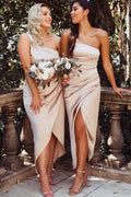 Vestido de dama de honor blanco satinado asimétrico de un solo hombro BD097