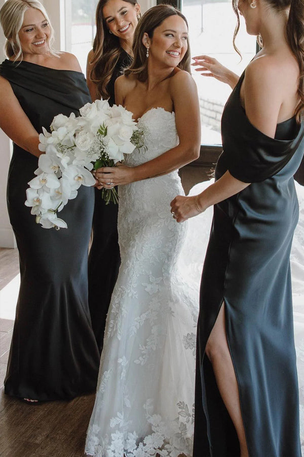Robe de demoiselle d'honneur asymétrique à volants et fente, modèle BD141