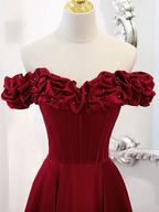Vestido largo de fiesta de satén con hombros descubiertos y corte en A, modelo Y6340