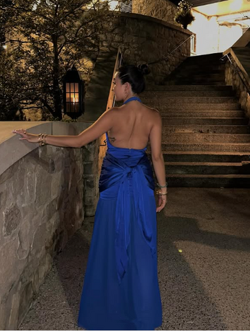 Vestido de noche azul de satén con escote halter y abertura, vestido de gala formal Y7863