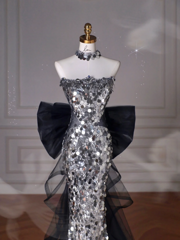 Robe de bal sirène en tulle à paillettes noires, sans bretelles, avec nœud Y8615