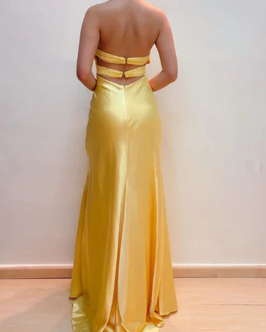 Elegant Yellow Halter Satin Beaded Prom Dress Slit Mermaid Party Evening Dress Y8426
