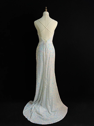 Sparkly White Spaghetti Straps Sequins Prom Dress Mermaid Slit Tassel Evening Dress Y8648