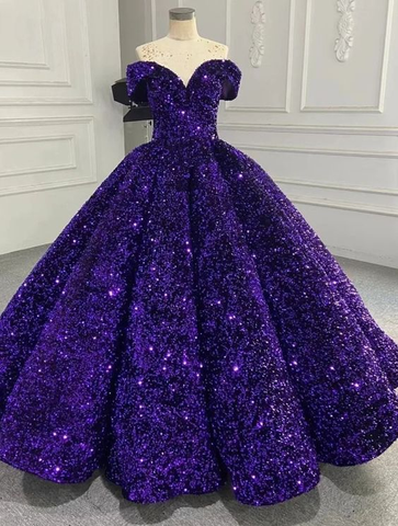 Vestido de gala morado brillante con lentejuelas y hombros descubiertos, vestido morado para quinceañera Y6583