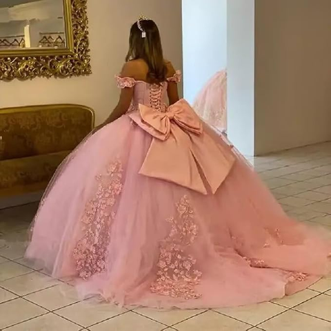 Vestido de baile morado con hombros descubiertos y apliques de tul, vestido para quinceañera Y5472