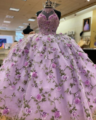 Vestido de gala morado de corte A con flores, vestido morado para quinceañera Y6598