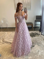 Robes de bal longues en dentelle lilas à épaules dénudées - Robes de soirée lilas à épaules dénudées Y5340