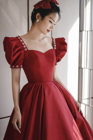 Robe de bal longue en satin bordeaux, robe de soirée trapèze Y1169