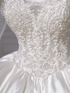 Gorgeous White Satin Lace Appliques A Line Wedding Dress,Formal Prom Dress Y8607