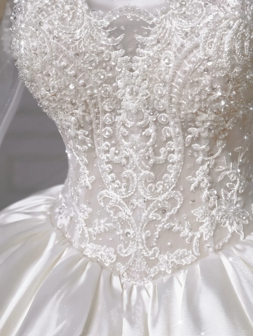 Gorgeous White Satin Lace Appliques A Line Wedding Dress,Formal Prom Dress Y8607