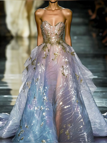 Dream Strapless Blue Tulle Sequins Evening Dress Long Formal Prom Dress Y8379