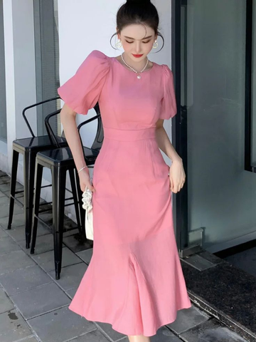 Classy Pink Puff Sleeves Mid-length Prom Dress Pink Evening Dress Y7113