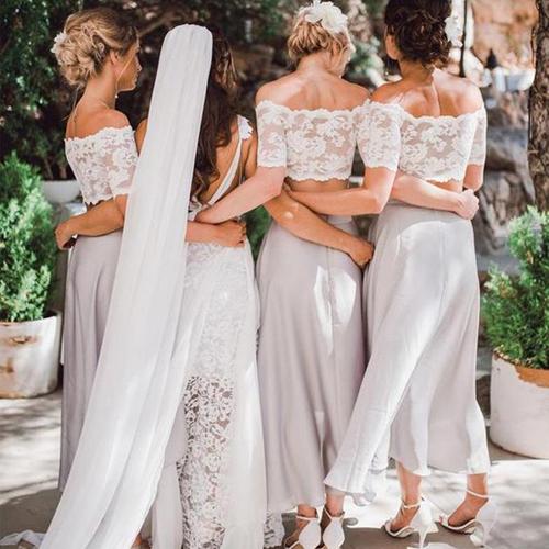 Magnifique ensemble deux pièces en mousseline et dentelle, haut à manches courtes, robe de demoiselle d'honneur pour un mariage de plage.