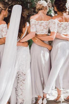 Magnifique ensemble deux pièces en mousseline et dentelle, haut à manches courtes, robe de demoiselle d'honneur pour un mariage de plage.