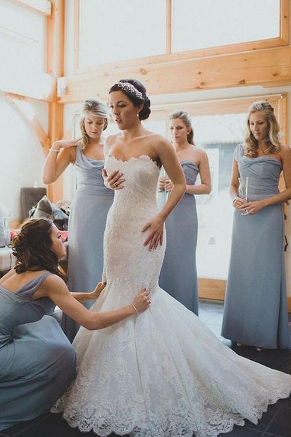 Vestidos largos de dama de honor de gasa corte A con un solo hombro