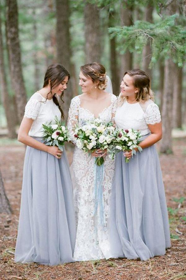 Robe de demoiselle d'honneur longue à manches courtes, jupe en tulle gris clair, haut blanc et haut court. 