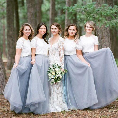 Falda de tul gris claro, top blanco de manga corta, vestidos largos de dama de honor 