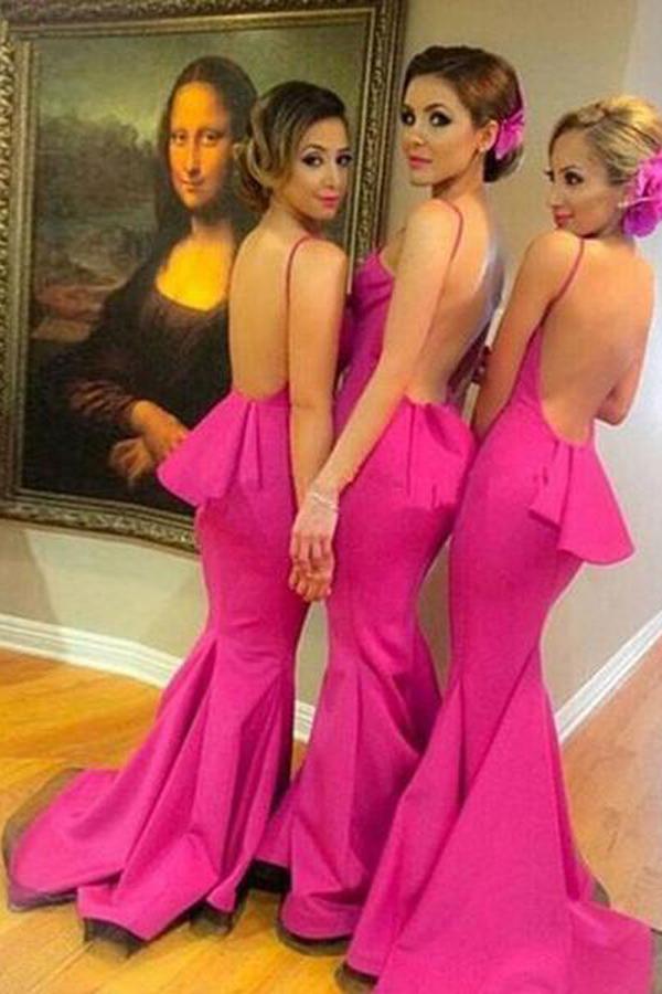 Vestidos de dama de honor de sirena sin espalda color rojo rosa para niñas pequeñas 